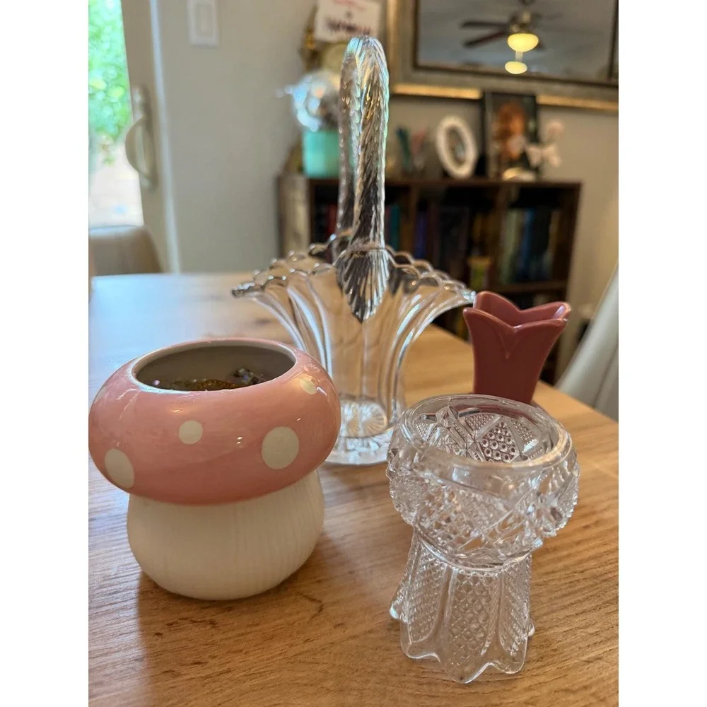 Vintage Pink Mushroom Jar Glass Basket Tulip Vase Crystal Decor Lot 4pc Whimsy
